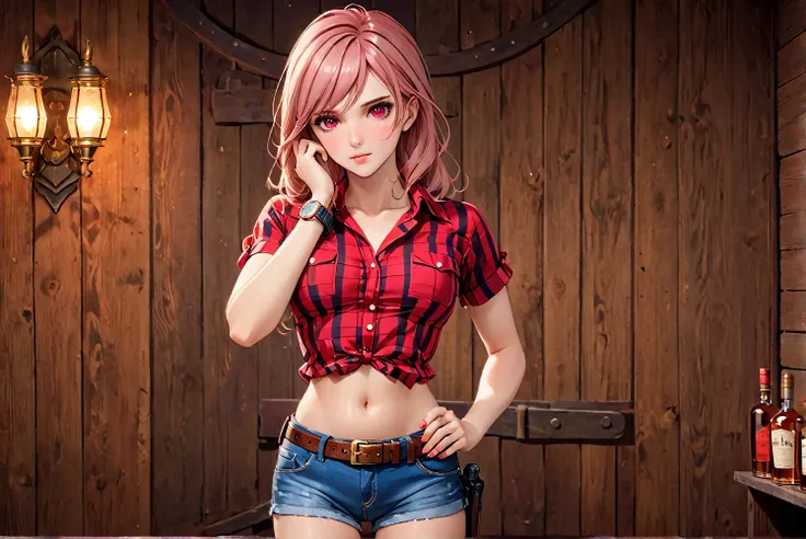 (((１by people:2.0))),(((female gunfighter:2.0))),(((nsfw:0.5))),(((wearing denim hot pants:1.5))),(((wear a red checked short-sl...