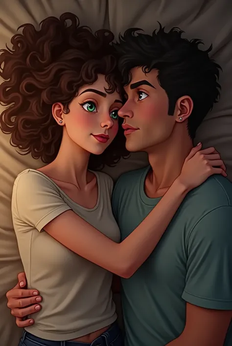 Dark brown curly woman sleeping hugging a dark brown man, but not so much. They are best friends who love each other, They just don&#39;t know yet. In this photo, they are exchanging glances smiling, her eyes are green and his are blue. She is wearing his ...