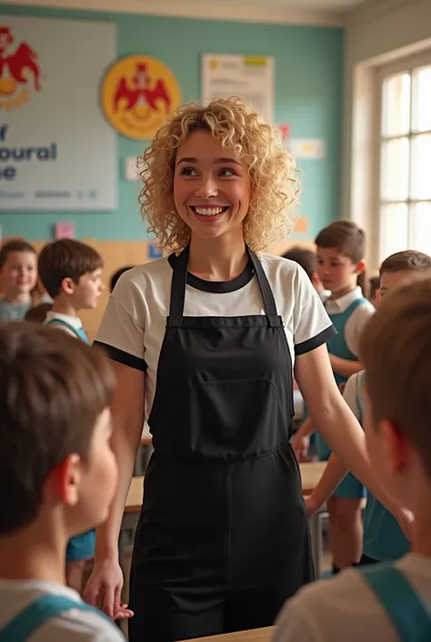 Nice women working with children who will start classes. She wears black and white t-shirt with black dress. She id always smiling. She has curly blonde hairs. Add FC Basel logo on the picture.