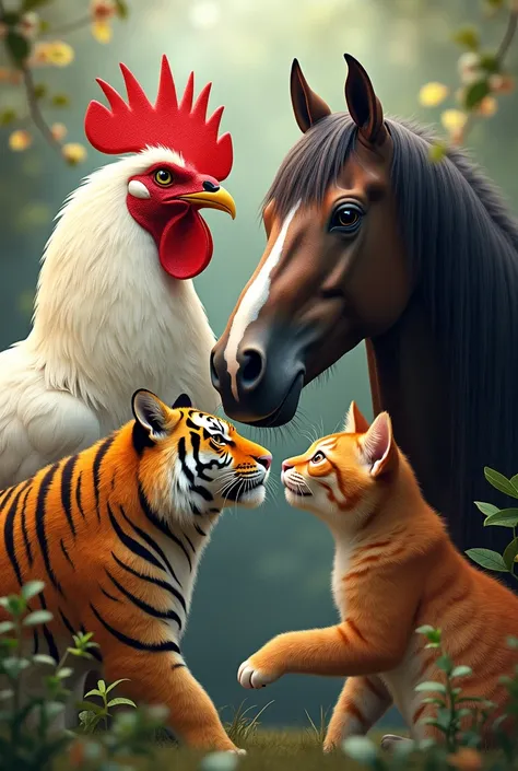 Combine 4 animals chicken, tiger, cat, horse together in harmony, high quality