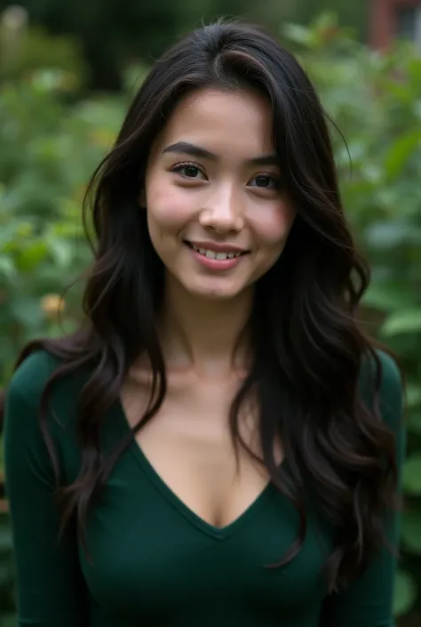 instagram photo, 20 year old woman, black hair, full face portrait, green sweater, low neckline, pale, hard shadows, in a garden, with a smile