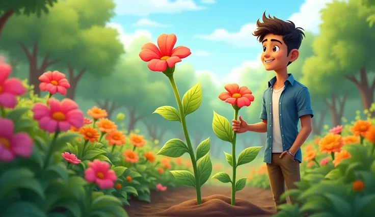 सुंदर पौधे का फूलना The final scene shows a fully grown, beautiful plant with vibrant flowers in full bloom. Mohaan (young man)stands proudly beside it, smiling with satisfaction. The sky is clear, and the garden around him is lush and green, symbolizing t...