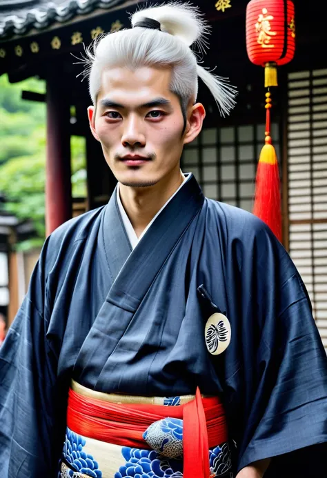 Japanese man, white hair, thin, 20 years old, Jinbei, traditional festival, realistic