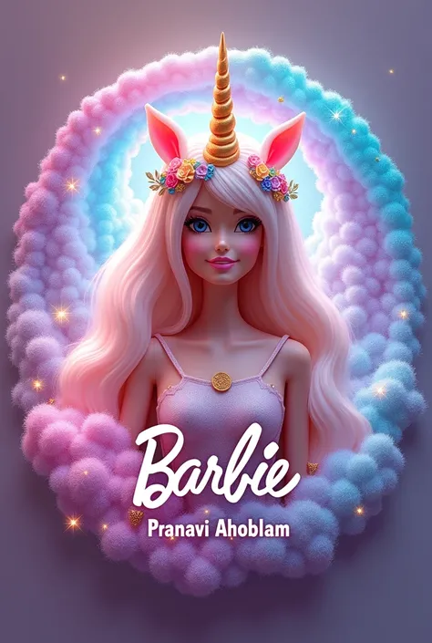 Full barbie badge image with unicorn theme in circle shape. give same image with Pranavi Ahobilam name