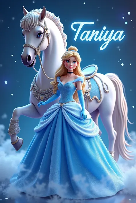 A 3D render of Cinderella from Disney in a high-definition illustration. She is wearing her sparkling blue gown and dazzling glass slippers. The background contains a white stallion with a flowing mane and tail, adorned with a luxurious bedazzled bridle an...