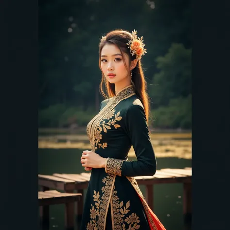 A beautiful woman in traditional Thai clothing standing on a bridge near a river, detailed traditional Thai dress, traditional Chinese clothing, elegant tribal attire, ornate silk robes, palace interior, graceful Han dynasty dress, traditional beauty, (bes...