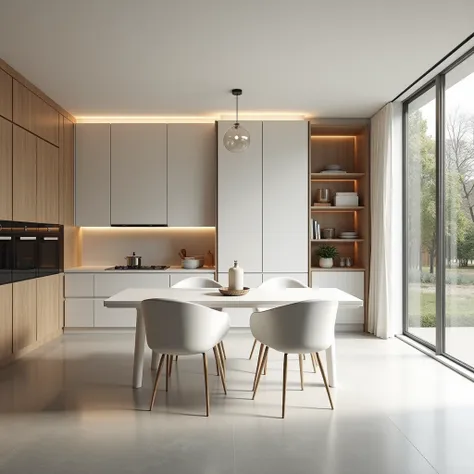 ultra modern kitchen in matte white with a table and chairs in it, a digital rendering, light and space, by Alesso Baldovinetti, luxury bespoke kitchen design, muted colors with minimalism, wood cabinets, minimal kitchen, lacquered glas