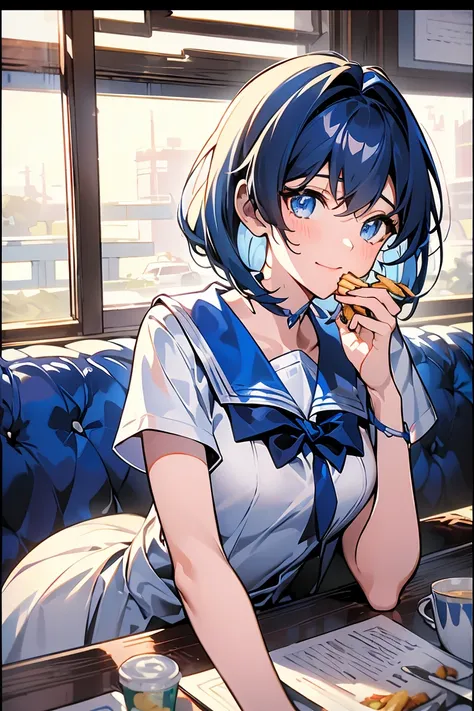 (((beautiful detailed)))(cute face:1.2)1girl, A girl stuffing her face with french fries, Girl crying while eating a pile of french fries, Inside a 2000s-style diner, 1950s-style interior, light Navy blue hair, blue eyes, A short-sleeved white shirt with f...