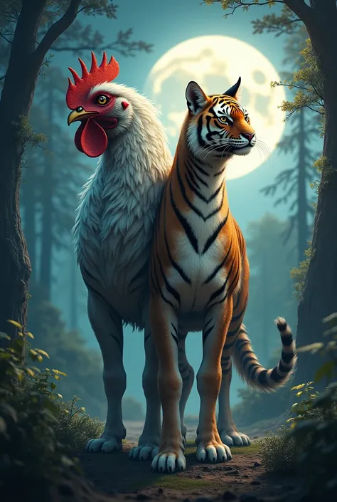 Combine 4 animals chicken, tiger, cat, horse together in harmony, wooded, wild, moon, majestic