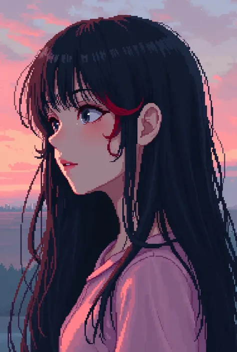 (best quality,4K,8k,high resolution,work of art:1.2),ultra-detailed,(realistic,photorealistic,photo-realistic:1.37),girl with long black hair,a red lock of hair,pastel pink blouse,profile,in pixel art style,with a dusk backdrop