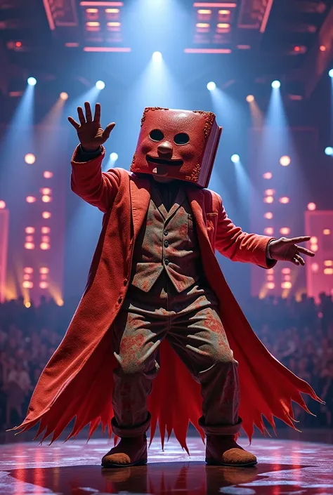 creating an image of a male singer wearing a "Book " mascot performing on The Masked Singer stage