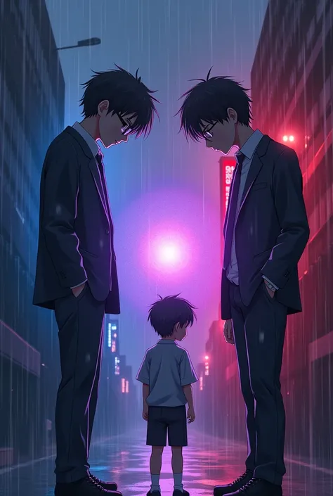 Create an anime style scene persona 4 in the scene a man dressed in a suit and glasses is facing himself as a child the child is  with a school robe without glasses the man represents reason and the child the emotion in the background a blue color 50% of o...