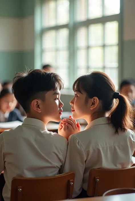 

{
   "size": "1024x1024",
   "prompt": "A high school classroom with a boy and a girl sitting together at the back. They are subtly touching hands, reflecting a gentle connection. The girl, Lan Huong, blushes slightly, while the boy, Hoang Phong, has a c...