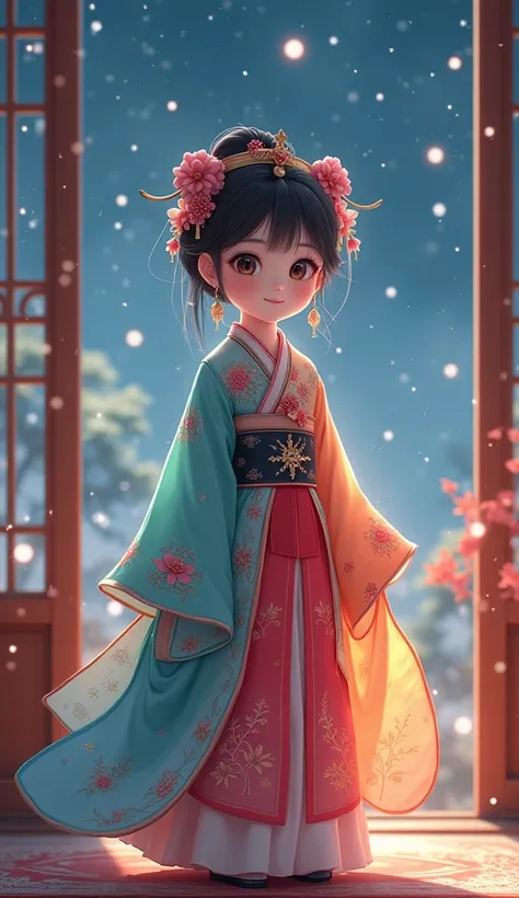 Asian traditional living room with white snow falling under the night sky,The beautiful and adorable girl wears cute clothes and a playful headdress.。Big, bright eyes，Colorful clothing，Lots of details，The clothes have exquisite embroidery and flowing skirt...