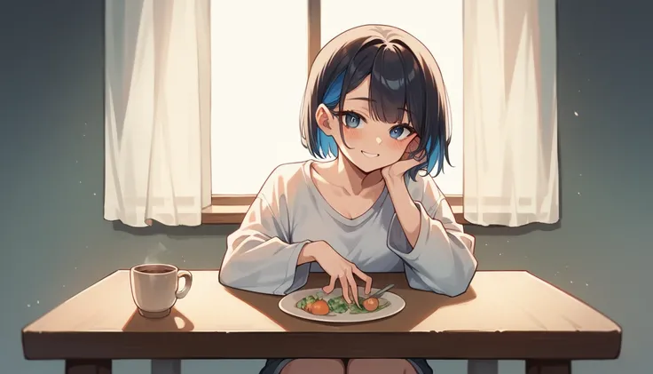 An early adult girl, age 22, dark blue eyes, medium long wolf cut hair, black colored hair, medium sized breast, using an oversized shirt, using short pants,  grinning smile, blushing, sitting at dining table