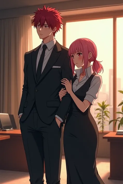 generates an image of an imposing and blushing Gaara as the CEO of a company and Sakura Haruno as his secretary arm in arm 