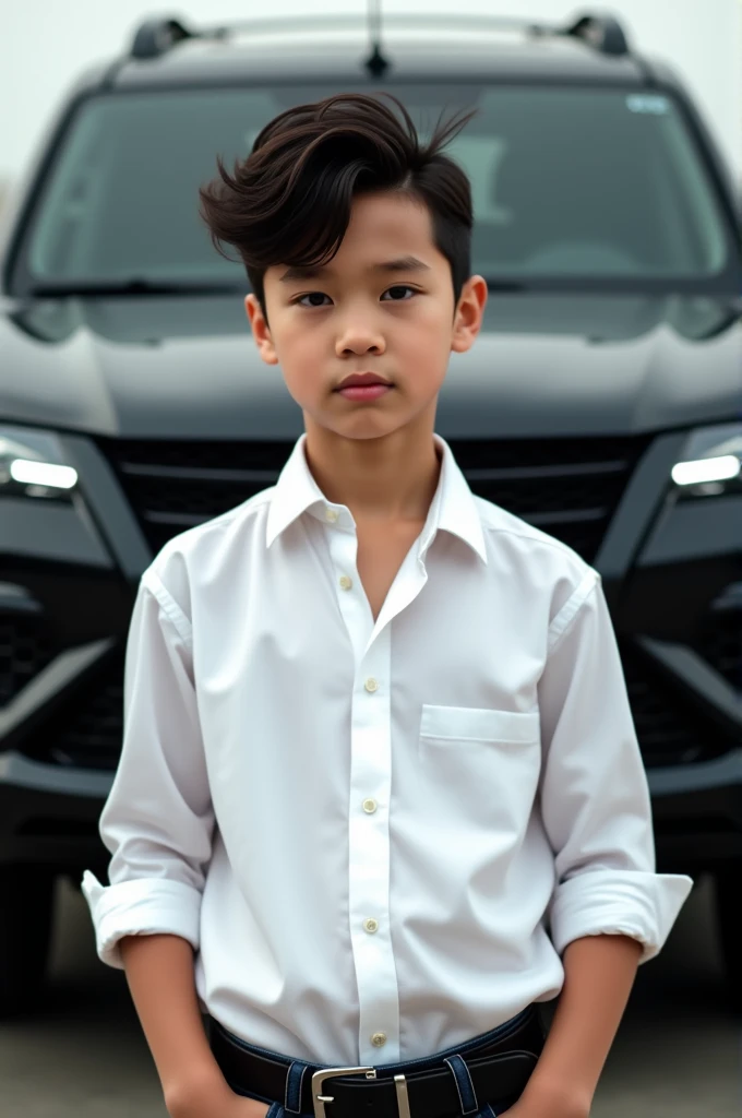 A boy have black colour phant and white slim-fit shirt and his behind a black colour fortuner car