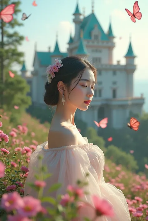 a girl korean 25year old ,a very beautiful castle/(full body/),colorful butterflies,many flowers and petals,colorful,pastel color, BREAK ,quality(8k,wallpaper of extremely detailed CG unit, ​masterpiece,hight resolution,top-quality,top-quality real texture...