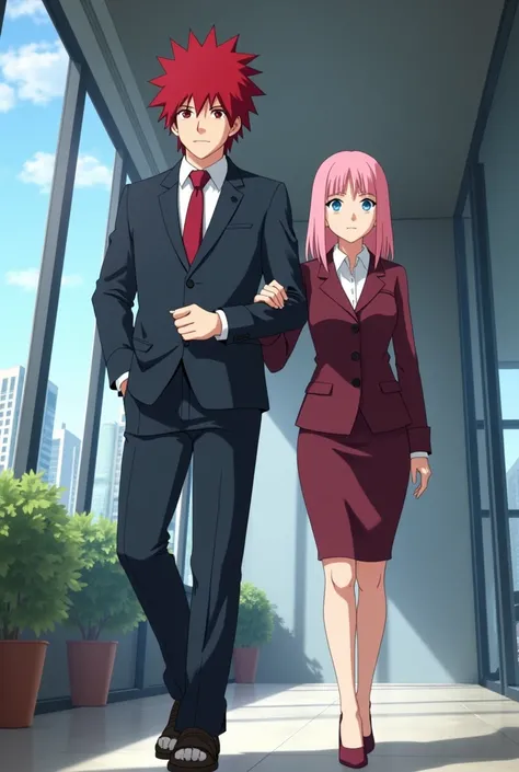 generates an image of an imposing and blushing Gaara as CEO of a company and Sakura Haruno as his secretary arm in arm in the style of the anime Naruto 