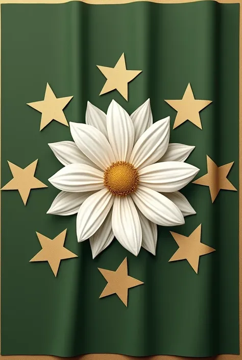 make a flag the center of a flag is white flower bloom the flower sorrounded by ring of seven golden star and put some border with gold and white border and the color of flag is olive green and be creative inspo from ophelia and the ratio is 16:9
