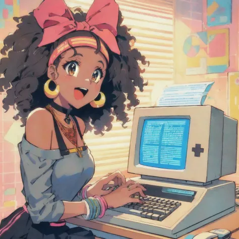 anime girl typing on a computer in a room with a desk, smile, word processor, cyber school girl, Retro anime girl, lofi girl, 8 0 s anime vibe, in the art style of 8 0 s anime, digital anime illustration, lofi portrait, 8 0 s anime art style, computer aest...