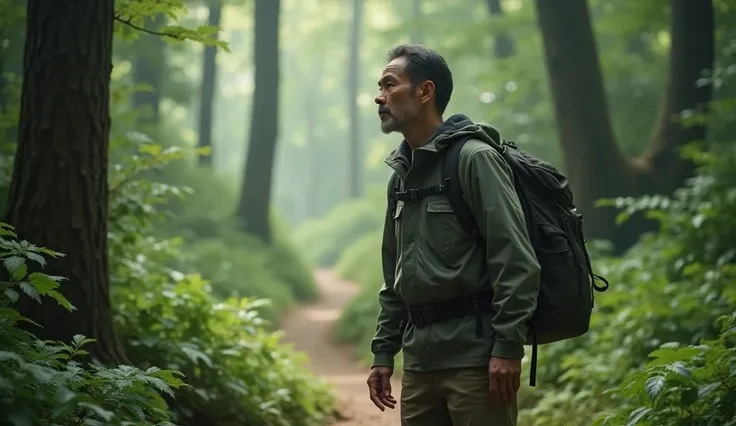 It generates an Asian man on the left side of the image on a path in the middle of the forest wearing hiking clothes, he is in profile in the image