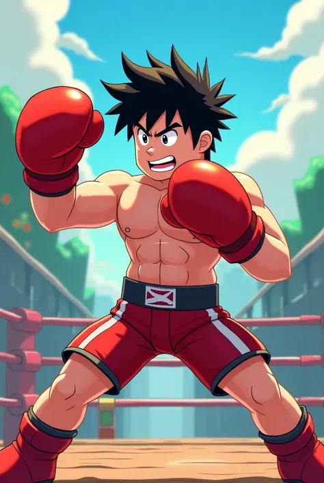 draw art in roblox style with Ippo in the middle (anime character "Hajime No Ippo") who uses his signature move, the dempsey roll