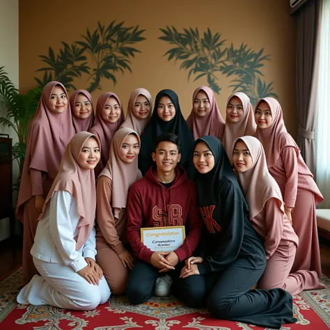 professional photography there is a group consisting of 12 beautiful Indonesian women wearing hijab, and there are 5 handsome Indonesian youths, yang memakai hoodie in tune bertuliskan "SB" in tune  , posing in a beautiful room, and there is a nameplate th...