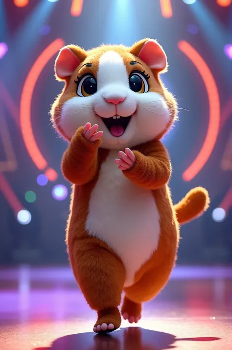 creating an image of a female singer wearing a "guinea pig" mascot performing on The Masked Singer stage