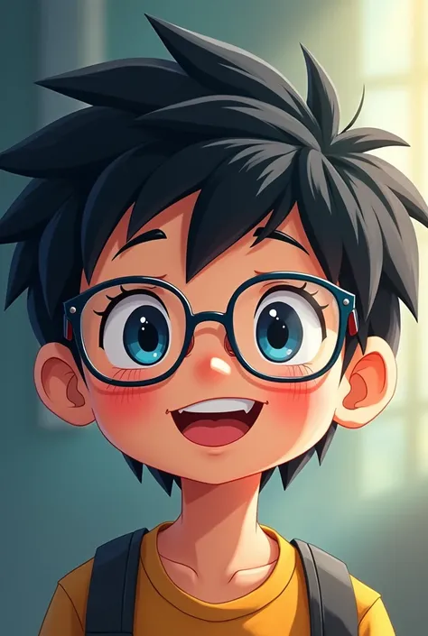 Black Hair, Smile, Blue eyes, Boy, Glasses,Anime, 