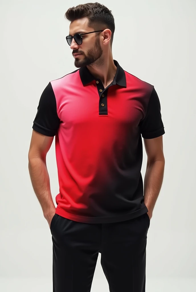 Create a gradient color with red, black, and white color put it in a mock-up polo shirt, front side and back side of the polo shirt