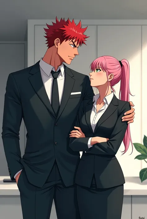 generates an image of a towering, blushing red-haired Gaara as the CEO of a company and pink-haired Sakura Haruno as his green-eyed secretary, arm in arm 
