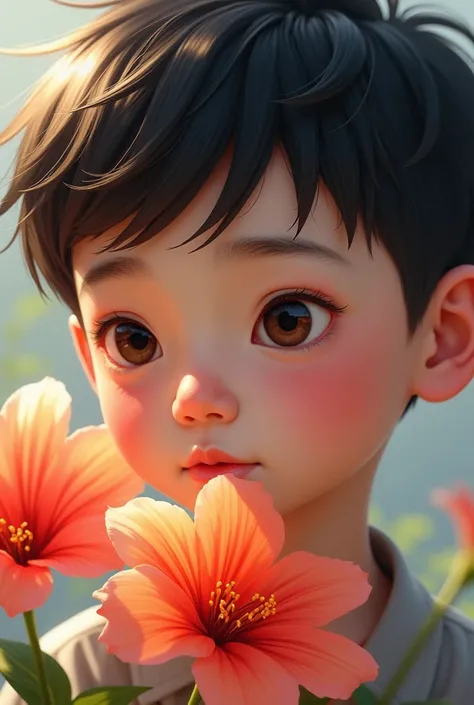 a close up of a person with a short hair and a flower, cartoon digital painting, south east asian with round face, detailed face of a asian boy with sharp nose , cartoon art style, digital cartoon painting art, realism art style, inspired by Ding Yunpeng w...