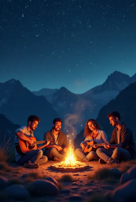 Mountain Bon fir 4 couple group with guitar 
