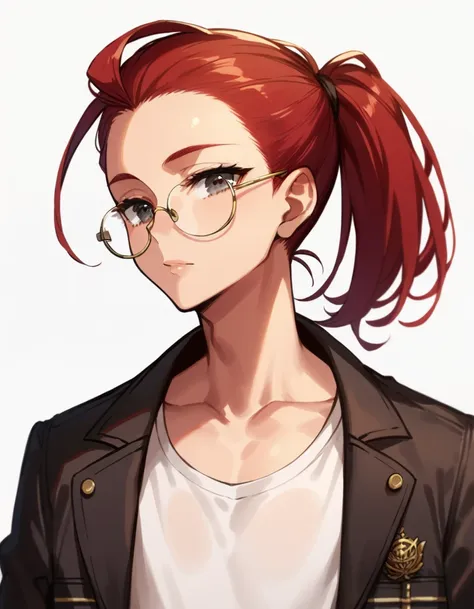 score_9, score_8_up, score_7_up, masterpiece, ultra-detailed,  pretty eyes, 1man, solo, flat chest, large pectorals muscle, small arms muscle, red hair, Medium hair, slicked back hair, ponytail, half closed eyes, Black Eyes, jacket, Inner T shirt, White t ...