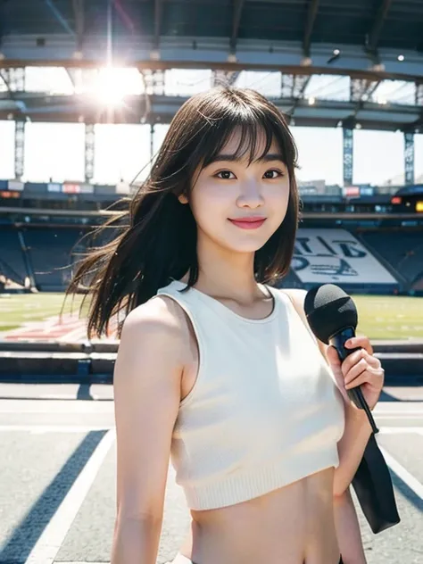 Candid photo of japanese girl, wearing nothing, crop top, with captivating
eyes, smiling amidst a bustling city, upper body
framing, in a stadium, golden hour
lighting:1.3), shot at eye level, on a Fujifilm X-T4
with a 50mm lens, in the style of Alfred Sti...