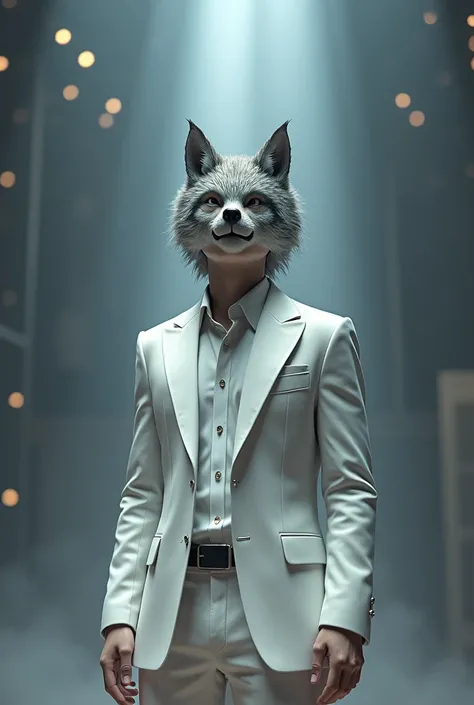 anime 3d, Young man wearing a wolf mask, Wear a white suit, Standing and singing, realistically