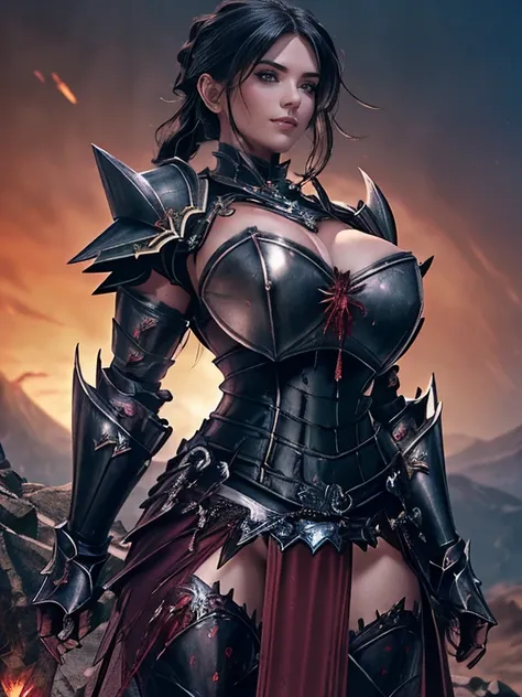 (masterpiece, top quality, best quality, official art, beautiful and aesthetic:1.2), (1girl:1.3), ((Sharp facial features,european, sharp features, hawkish features)), ((big hair, long black hair, ponytail)), big tiddy chaos warrior girl, extremely detaile...