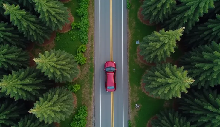 Photo: an ordinary red car is driving on a flat road, a birds-eye view, not up close, there is a pine forest around. The car is moving on the right side. A yellow stripe on the road. Dense forest. Beautiful view.