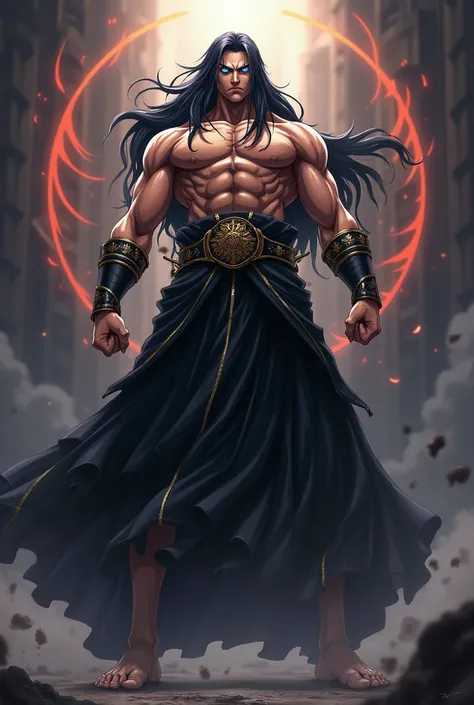 Full body image of Anime medieval deity. He is tall, muscular strong and has long black hair that reaches his knees. Bright face and blue eyes. Most handsome andbangry face. Wears long full sleeve black yukara with golden stripes. Uses destruction magic