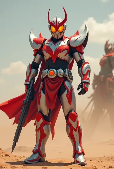 Kamen Rider, Japanese Tokusatsu style,light red and white armor, Sabuk, Plasma rifle,desert background, mata kuning, hyper realistic,badan kekar dan ramping, one horn,(better hand), ready to fight style , remove armor pundak