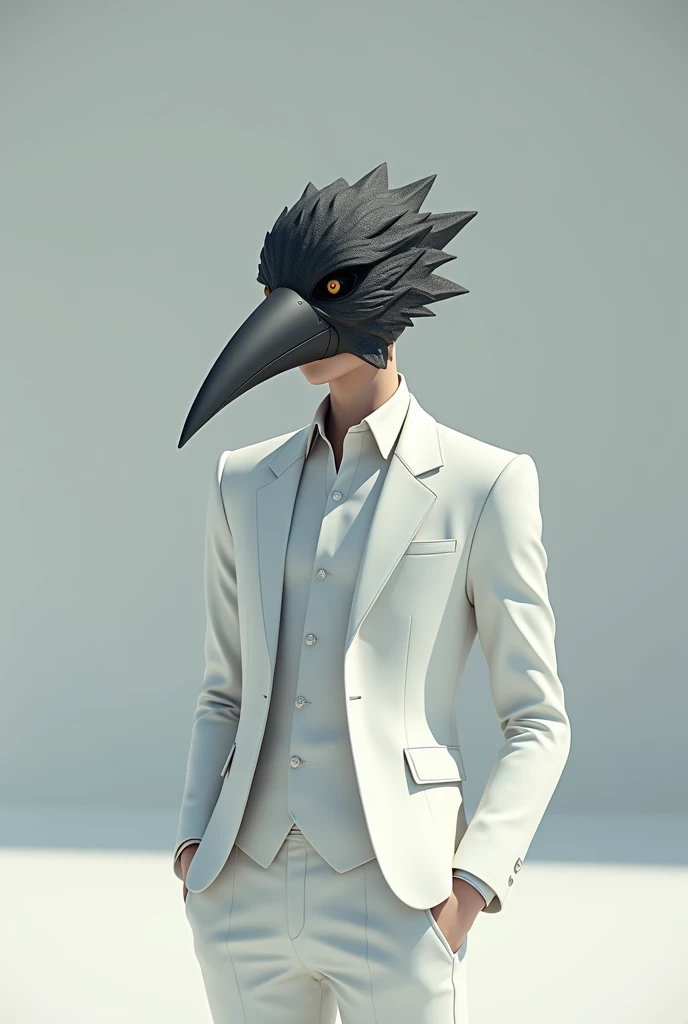 anime 3d, A young man wearing a full-head crow mask, Wear a white suit, Standing and singing, realistically