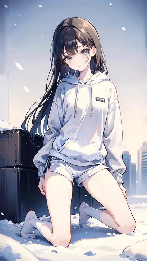 a girl,fourteen years old ,brown long hair,white skin,wearing an oversized hoodie,white mini short pants,sport white socks,very thin legs,skinny legs,slim,skinny,kneeling on the snow