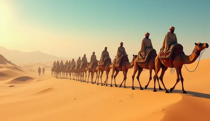 Images of camel caravans crossing the desert