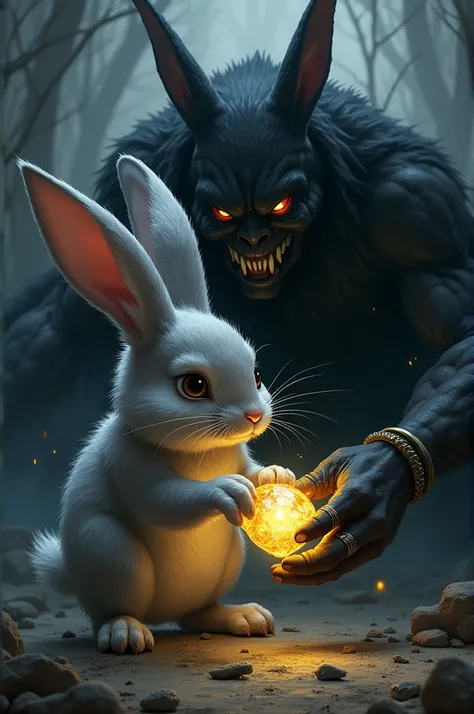 a grey rabbit knacking a gemstone from the grip of a dark creature