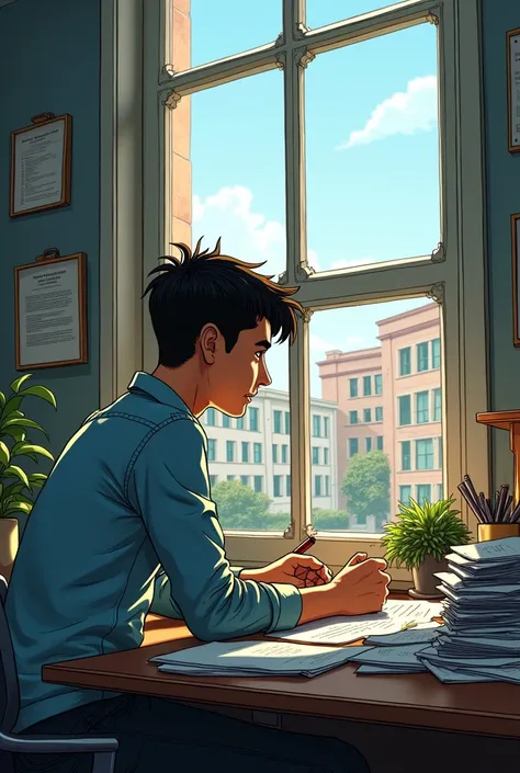 Raimundo at his desk, with piles of papers, watching the school through the window, with a determined countenance.