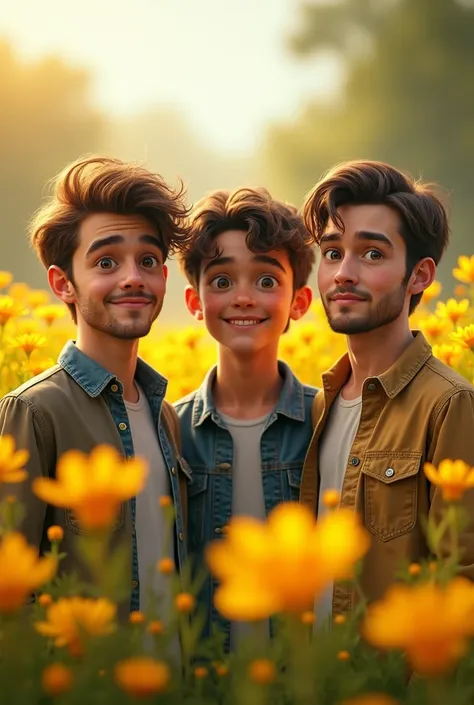 Kevin, andrew and neil from the book "It&#39;s not over yet" with yellow flowers 