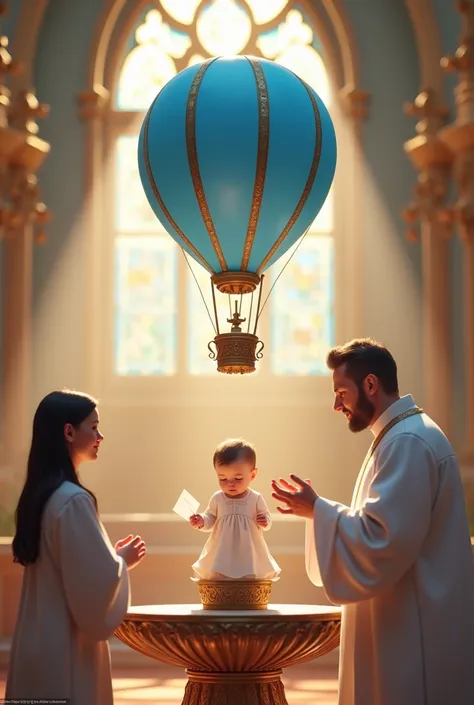 Baptism of GABIN in 3D with a blue child&#39;s hot air balloon decoration