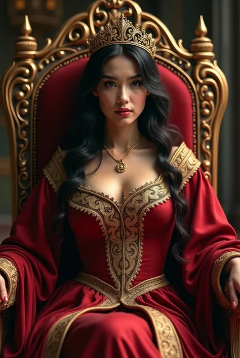 Woman with dark hair with gold lock of hair 
With colored noble medieval clothes and boots
With a simple crown
She sat on her throne