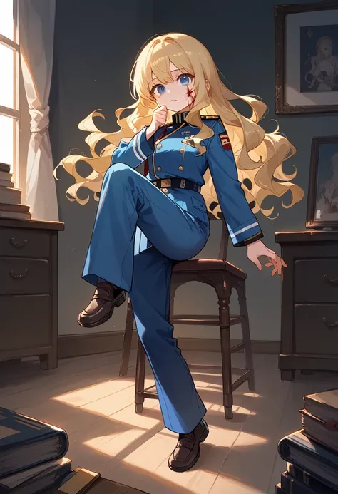 1girl, Full body, Description Girls, detail hands, Detail fingers, Detail Face, cute face, detail legs, overdetailed art, Fine details, blonde hair, wavy hair, long hair, blue eyes, blue military uniform, black room, simple room, kick down a chair, bloody ...